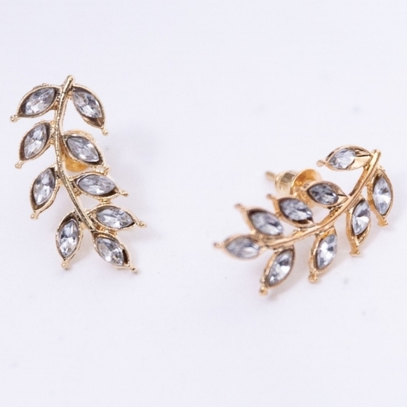 Gold Rhinestone stud Earrings clear Leaf Dainty small  ear climbers new 💖 2/$30 - Picture 6 of 12
